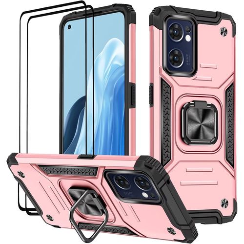 Coque Pour Oppo Find X5 Lite,Verre Trempé [2 Pièces] + Housse Tpu Silicone Rotation 360° Aimant Anneau Support Double Défense Protection Etui-Or Rose