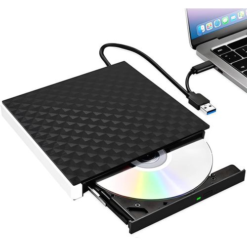 Lecteur CD Externe pour PC USB 3.0 et Type-C CD/DVD +/-RW Graveur Enregistreur Plug and Play CD/DVD +/-RW Drive DVD Player Transmission Rapide Câble USB Intégrée pour Windows MacOS Laptop Desktops