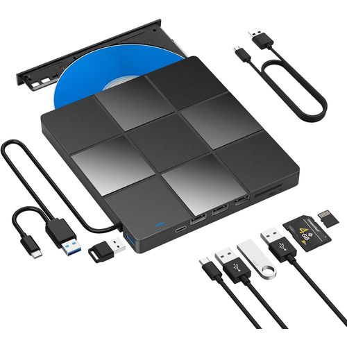 Lecteur CD DVD Externe,Graveur USB 3.0 et Type-C avec Lecteur de Carte SD/TF et de USB,Lecteur de DVD-ROM CD-ROM CD-RW VCD pour Windows 7/8/10/ Vista/XP/Mac OS,Laptop,Desktops