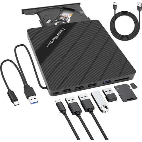 Lecteur CD/DVD externe pour ordinateur portable USB 3.0 Type-C Portable CD/DVD ROM +/-RW Lecteur Graveur Lecteur Duplicateur de disque avec USB 3.0/Type-C/SD/TF Ports 8 en 1 pour ordinateur