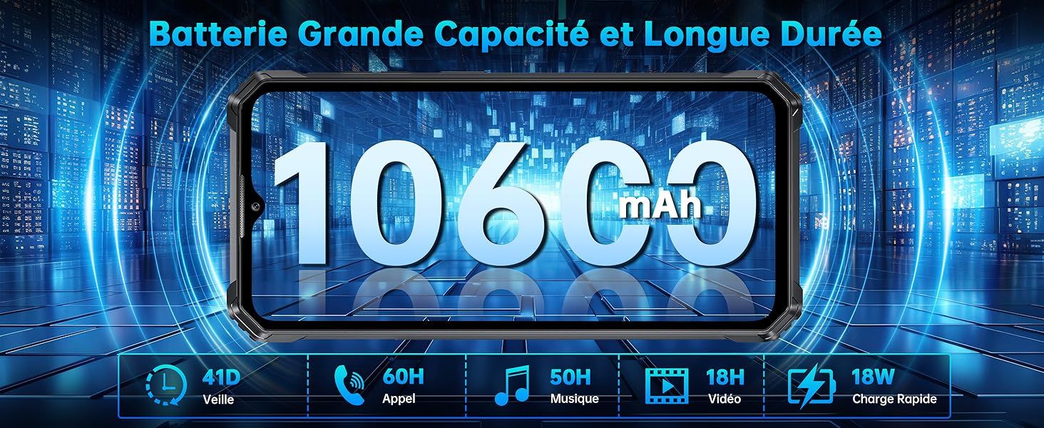 Smartphone Incassable IP68 ,6.52"HD, Telephone Portable Incassable 10600mAh
