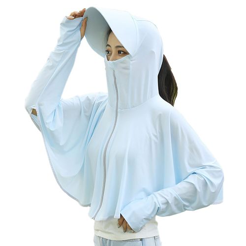 Vetements De Protection Solaire Pour Femmes, Veste A Capuche Zippee En Soie Glacee, Chale A Manches Longues, Taille L, Adultes 40-70 Kg, Bleu Clair