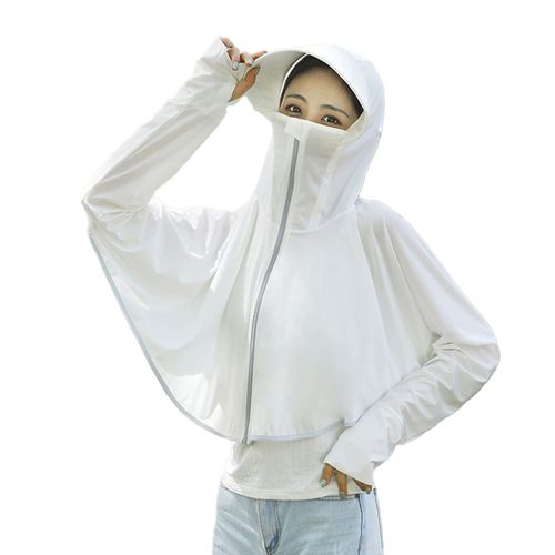 Vetements De Protection Solaire Pour Femmes, Veste A Capuche Zippee En Soie Glacee, Chale A Manches Longues, Taille L, Adulte, 40 A 70 Kg, Blanc