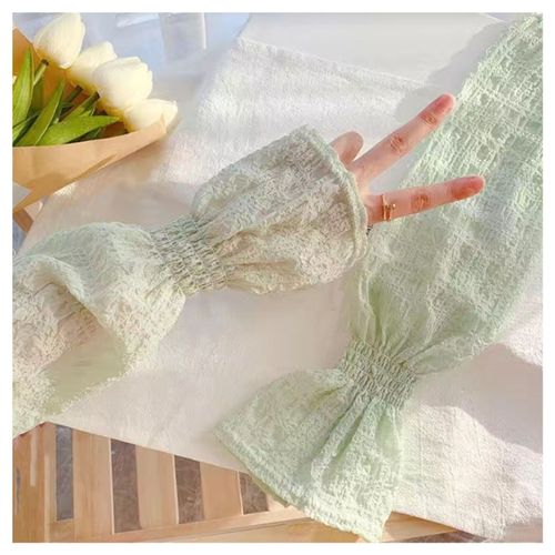 Manchettes Plissees En Soie Glacee Pour Femme, Protection Solaire, Manches Bouffantes, Accessoires D'ete, Vert