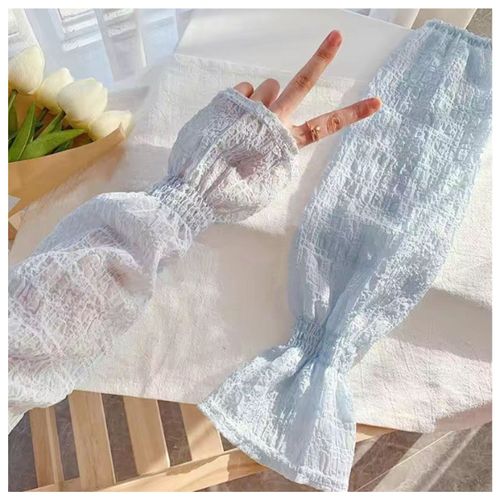 Manchettes Plissees En Soie Glacee Pour Femme, Protection Solaire, Manches Bouffantes, Accessoires D'ete, Bleu