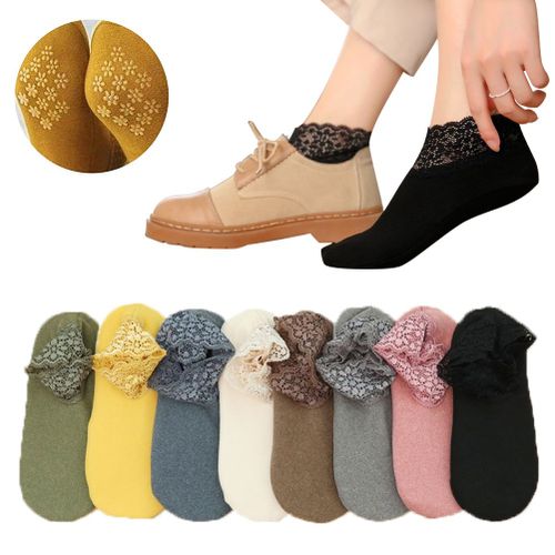 Lot De 8 Paires De Chaussettes D'hiver Pour Femme, Epaisses, En Polaire, A Volants Et En Dentelle, Antiderapantes, En Silicone, Coupe Basse, Chaudes