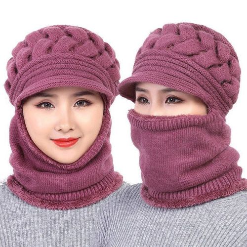 Ensemble Bonnet Et Echarpe Tricotes D'hiver Avec Cache-Oreilles Doubles En Polaire, Coupe-Vent, Epais, Cache-Cou, Bonnet Thermique Pour Femmes D'age Moyen Et Agees