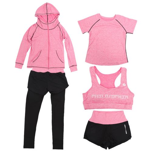 Ensemble De Yoga 5 Pieces Pour Femme, Vetements De Sport, Manteau, Haut A Manches Longues, Leggings, Short, Rose Rouge, Taille Xxl