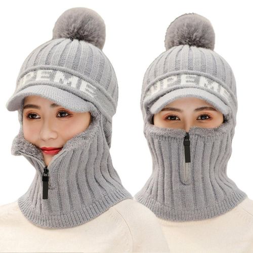 Ensemble Bonnet Et Echarpe Tricotes D'hiver, Bonnet Zippe, Cache-Oreilles Double Polaire, Ski Avec Pompon, Bonnet Thermique Coupe-Vent, Cache-Cou Pour Femmes Et Hommes, Ski, Cyclisme