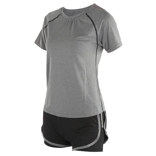Ensemble 2 Pieces Decontracte D'ete A Manches Courtes Pour Femme, Vetements De Fitness Et D'entrainement, Manches Courtes Grises + Short Taille Haute Noir Et Gris, Taille L