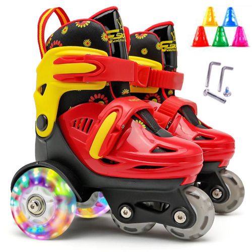 Patins A Roulettes Quadruples Pour Enfants, Chaussures A Roulettes A 3 Points D'equilibre Pour Filles Et Garcons, Taille Reglable, Doubles Freins, Roues Lumineuses
