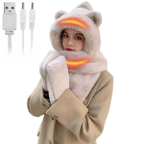 Ensemble Bonnet, Echarpe Et Gants Chauffants Usb 3 En 1 En Peluche Pour Femme Et Fille