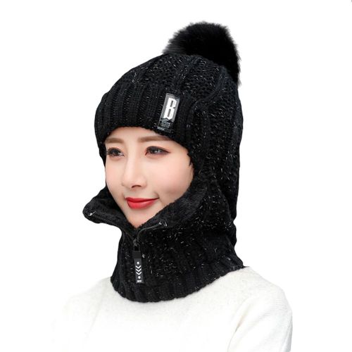 Ensemble Bonnet Et Echarpe Tricotes D'hiver, Bonnet Zippe, Cache-Oreilles Double Polaire, Bonnet Thermique De Ski Avec Pompon, Cache-Cou Pour Femmes Et Hommes