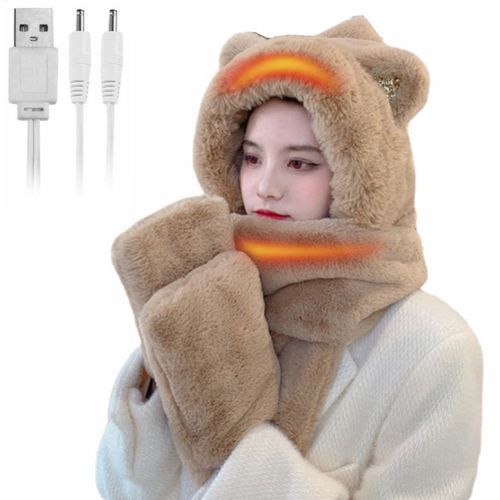 Ensemble Bonnet, Echarpe Et Gants Chauffants Usb 3 En 1 En Peluche Pour Femme Et Fille