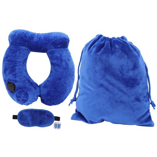 Oreiller de voyage gonflable automatique a pression, 32 x 30 x 10 cm, 4 pieces, support de cou multi-usages en U, bleu