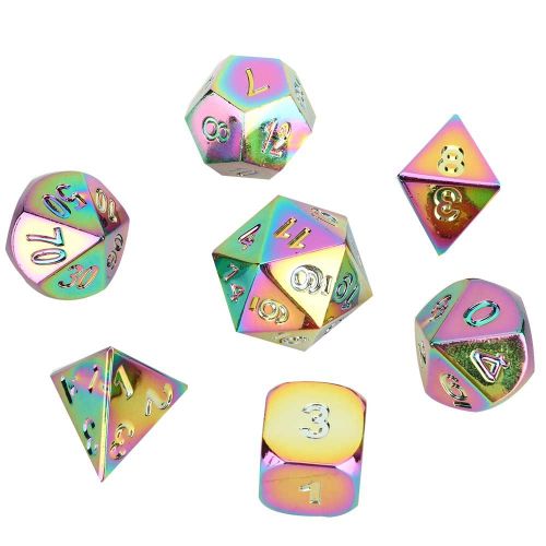 Lot de 7 des polyedriques multifaces en metal colore, superbe jeu de societe