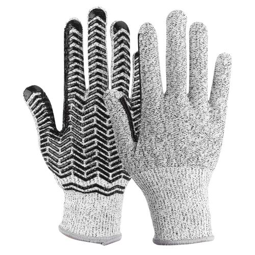 Gants resistants aux coupures de classe PE5, 13 aiguilles, gris chine, en HPPE, silicone, antiderapants et anti-coupures