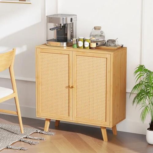 Buffet De Cuisine En Bambou Costway, Portes En Rotin Pe, Meuble Armoire De Bar À Café Compact Pour Salon Salle À Manger, Naturel