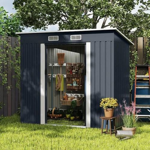 Costway Abri De Jardin 2m2 En Métal Galvanisé - Toit Incliné-Porte Coulissante Et Aérations Rangement Pour Vélo, Poubelle, Outil