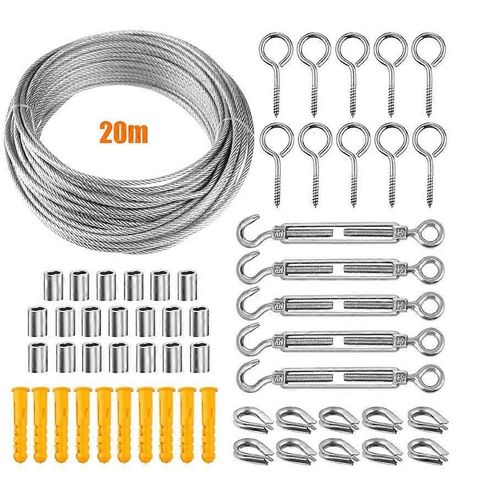 Kit de suspension pour corde en acier inoxydable 304, tendeur de corde en acier PVC, pour corde de tente, corde à linge, lustre d'extérieur, jardin (20 m)