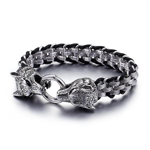 Bracelet Large Rétro En Cuir Et Acier Inoxydable Pour Homme, Motif Tête De Dragon Double Punk Rock