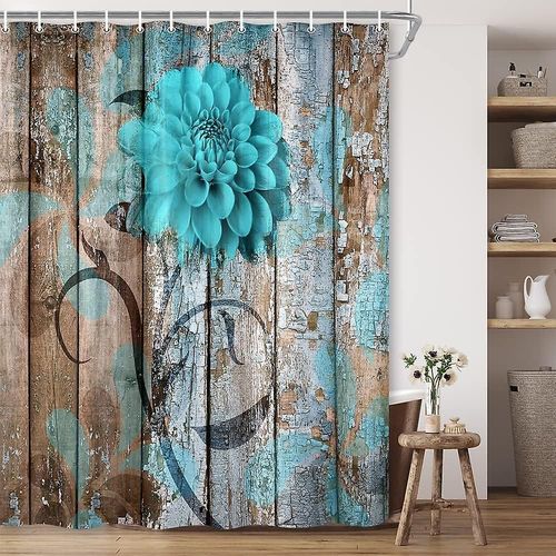 Rideau de douche à motif floral champêtre, ensemble de rideaux de douche à motif floral turquoise et dahlia de grange en bois, rideau de douche en tissu turquoise champêtre, avec crochet, style bohème