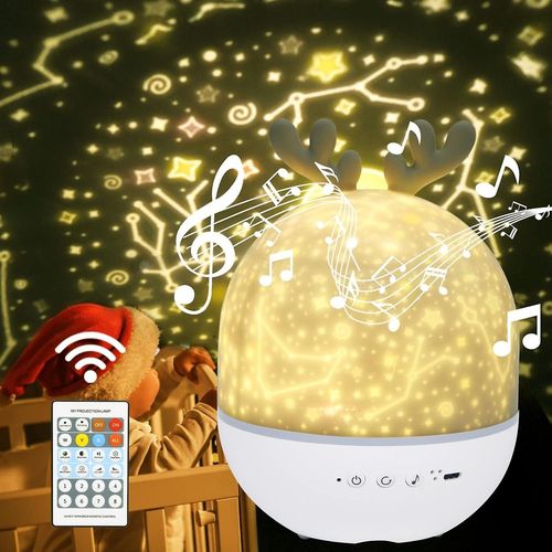Veilleuse Projecteur Étoile Pour Enfants, Veilleuse Musicale Rotative À 360° + Minuterie + Télécommande + 6 Couleurs, Veilleuse Led Rechargeable Ciel Étoilé Bébé