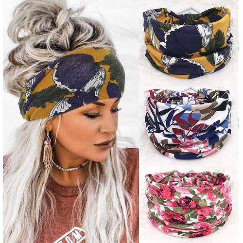 Lot De 3 Bandeaux Bohèmes À Large N?ud, Foulard Pour Cheveux, Imprimé Floral, Élastique, Turban, Bandeau Épais En Tissu Extensible, Coton