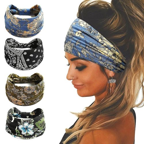 Lot De 4 Bandeaux Larges Style Bohème Pour Femmes, Élastiques Et Antidérapants, En Tissu, Accessoires Pour Cheveux, Pour La Plage, Le Yoga, Le Quotidien