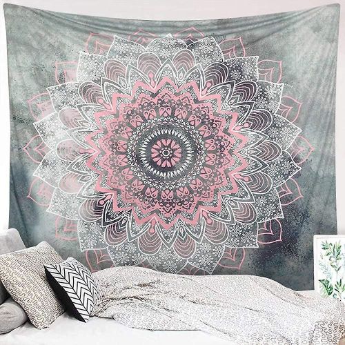 Tapisserie Murale À Fleurs Grises Et Roses, Style Bohème Indien, Hippie, Décoration Murale Pour Chambre À Coucher, Salon (203 X 152 Cm)