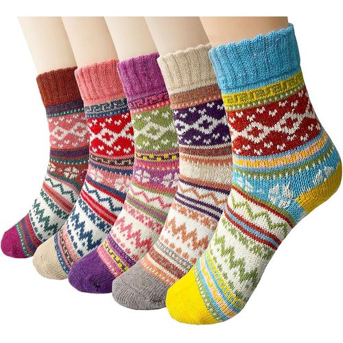 5 Paires De Chaussettes D'hiver En Laine Pour Femme, Chaussettes Tricotées À Motifs Colorés