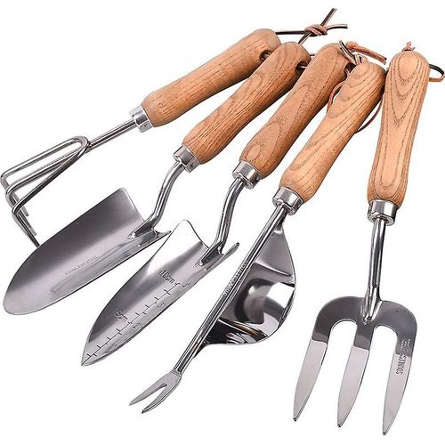 Ensemble d'outils de jardin à main 5 pièces en acier inoxydable avec manches en bois, comprenant : truelle, fourche et outil multifonction.