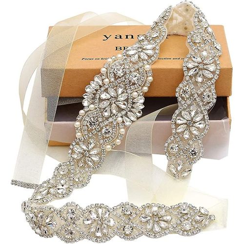 Ceinture De Mariée En Strass, Cristal Transparent, 55 Cm De Long, Ruban En Organza Blanc, Pour Robes De Mariée, Argent