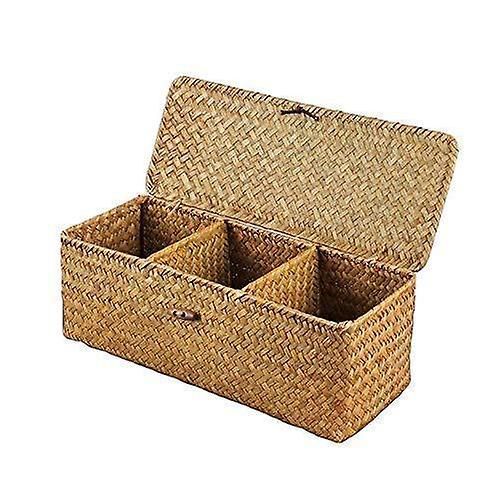 Panier de rangement en jonc de mer avec couvercles rectangulaires, coffre en osier avec compartiment pour ranger papier toilette, collations, jouets, 32 x 12 x 10 cm