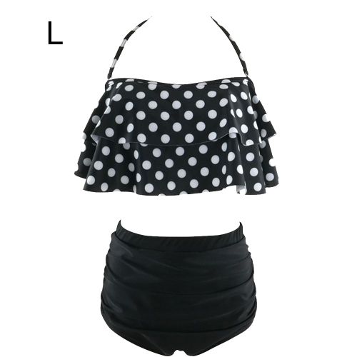 Maillot De Bain Deux Pieces Taille Haute A Pois Noirs Et Blancs Pour Femme (L)