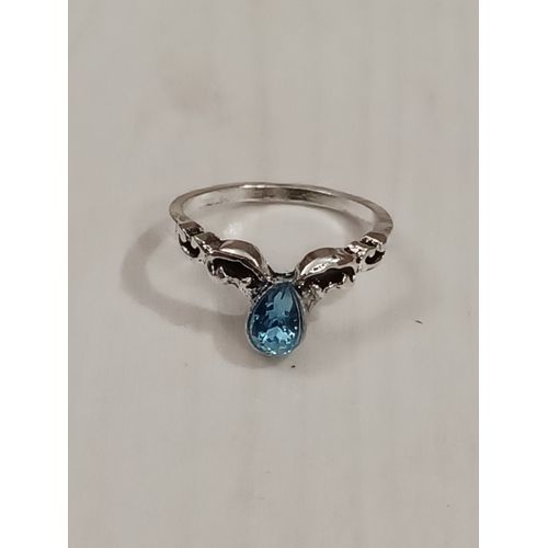 Bague Métal Argenté,Strass Goutte Bleu,Taille 15.29 Mm