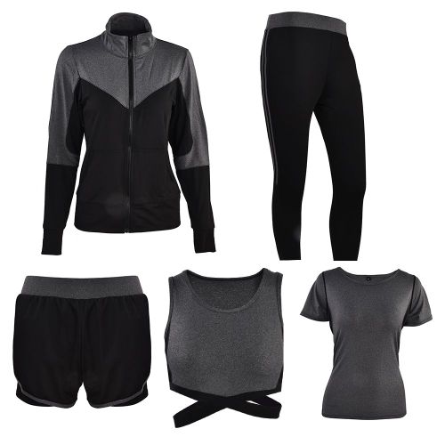 Ensemble De Sport 5 Pieces Pour Femme, Survetement De Yoga, Fitness, Gym (Gris Xl)