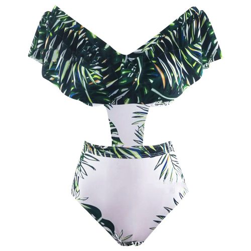 Maillot De Bain Une Piece A Volants Et Epaules Denudees Pour Femme, Imprime Feuilles Vertes, Bikini Tendance (Xl)