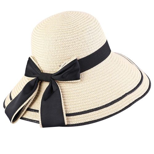 Chapeau De Paille Rond Pour Femme, Chapeau De Soleil A Gros Noud, Chapeau A Larges Bords, Chapeau De Plage Pour Vacances (Beige)