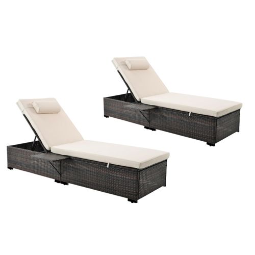 Lot De 2 Transats Coussins Beiges En Résine Tressée Avec Tablette Latérale Punta Cana