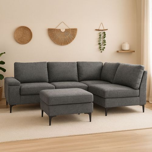 Canapé D'angle 4/5 Places En Tissu Chenille Gris Anthracite Avec Pouf Colchester
