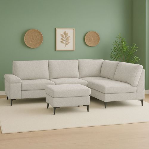 Canapé D'angle 4/5 Places En Tissu Chenille Beige Avec Pouf Colchester