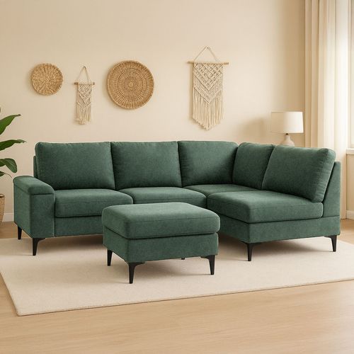 Canapé D'angle 4/5 Places En Tissu Chenille Vert Avec Pouf Colchester