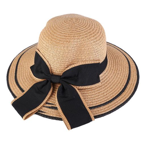 Chapeau De Paille Rond Pour Femme, Chapeau De Soleil A Gros Noud, Chapeau A Larges Bords, Chapeau De Plage Pour Vacances (Kaki)
