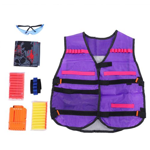 Kit gilet et pinces pour pistolet jouet violet pour enfants, flechettes souples, lunettes, masque