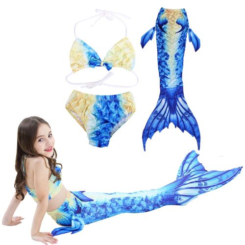 Maillot De Bain 3 Pieces Pour Filles, Haut Et Culotte, Queue De Poisson, Costume De Bain Pour Enfants (140)