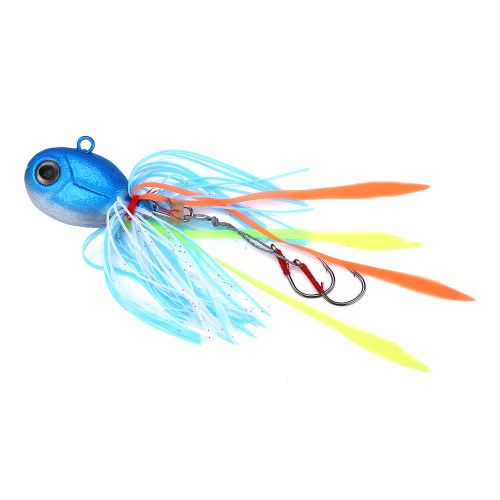 Leurres De Peche En Forme De Tete De Calmar Aux Yeux Bleus 3d Avec Jupe En Silicone, Jigs De Peche En Eau Salee (Bleu)