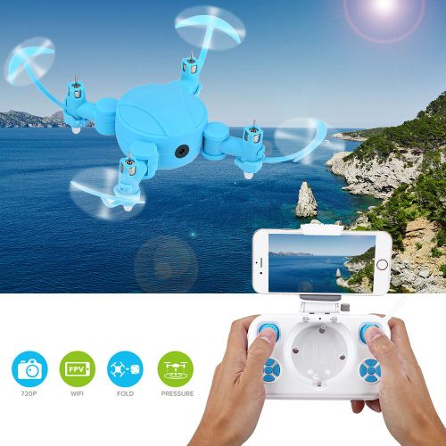 Mini drone quadricoptere pliable avec telecommande WiFi FPV et camera 720P, bleu