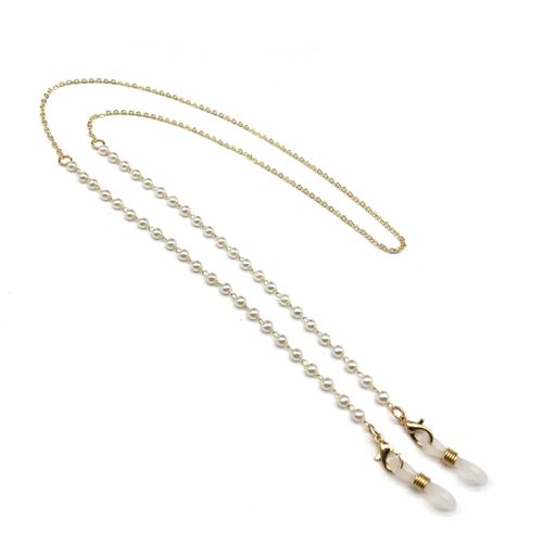 Cordon À Lunettes - Chaîne À Lunettes - Cordon À Lunettes De Soleil - Cordon À Lunettes - Sangle À Lunettes - 70cm - Blanc Et Or - Pour Homme Femme - Perles Synthétiques Et Métal -