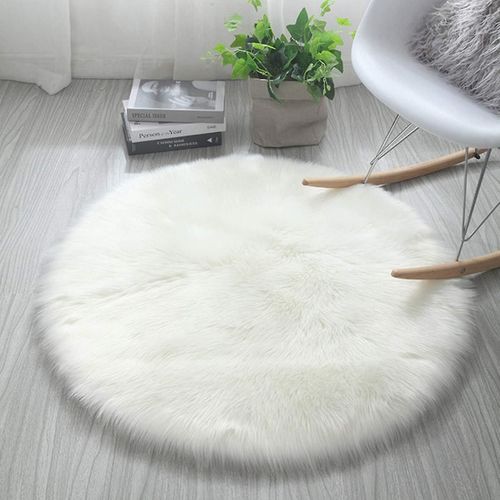 Tapis En Fausse Fourrure, Tapis Moelleux En Fausse Polaire, Tapis De Yoga Antidérapant Pour Salon, Chambre À Coucher, Canapé (Rond Blanc, 45 X 45 Cm)